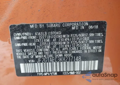 2019 Subaru Crosstrek 2.0I Premium z USA, uszkodzony, nr VIN JF2GTAEC3KH237148